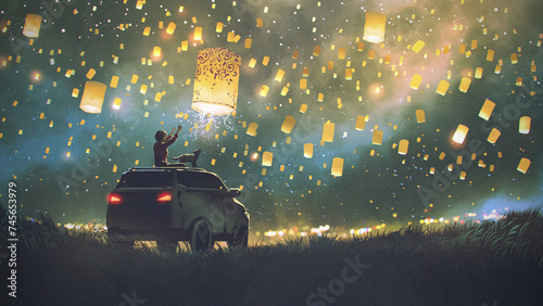 Young woman with her dog sitting on the roof of a suv car release lanterns, digital painting, hand drawn illustration