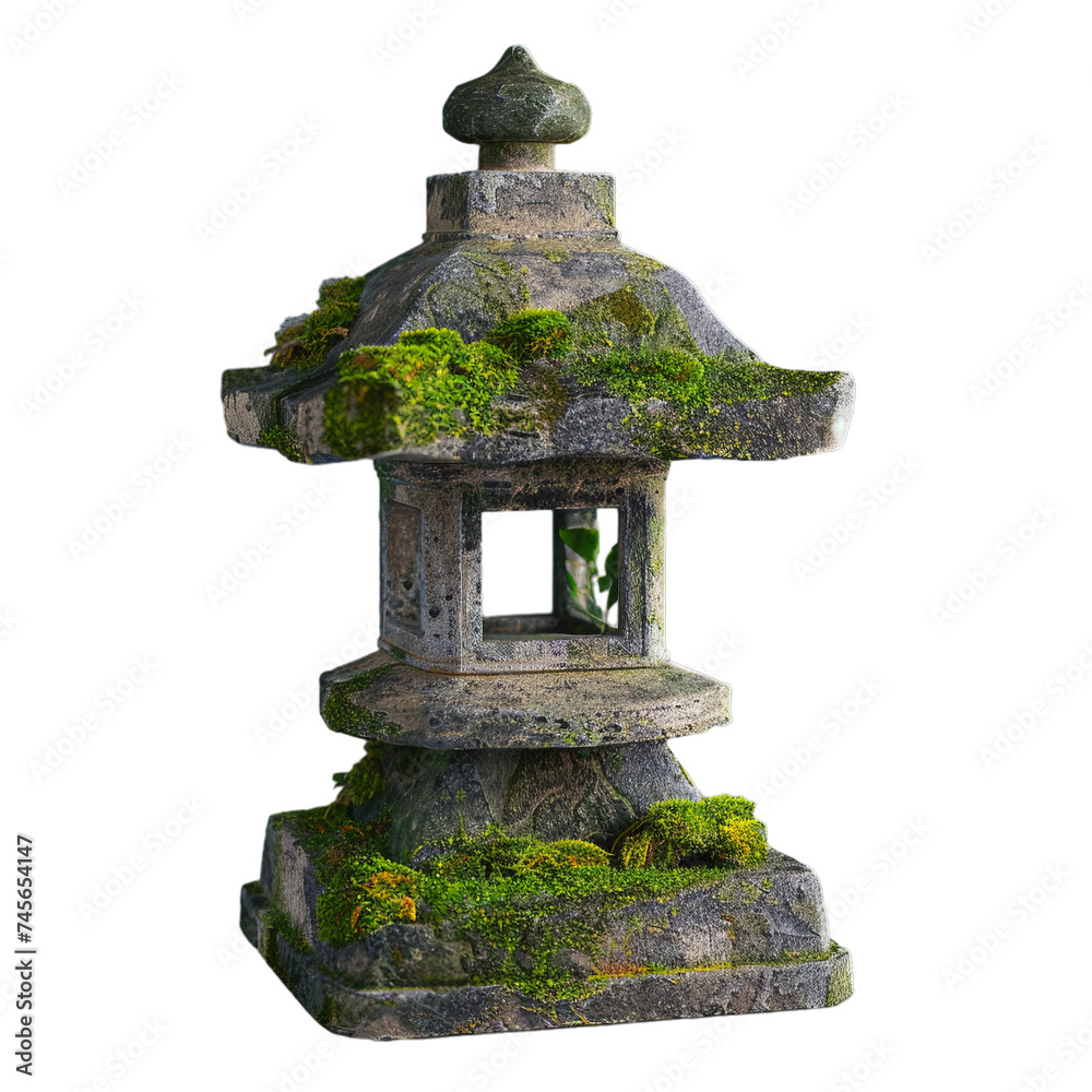 weathered stone lantern with moss growing isolated on transparent background, png weathered stone lantern with moss growing isolated on transparent background, png