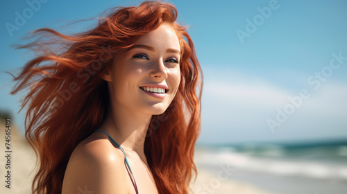 Beautiful redhaired girl smiling against the background of the beach and sea.