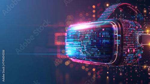 A digital representation of a virtual reality headset with glowing neon lines and cybernetic data elements on a dark background.