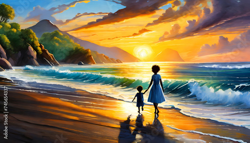 Joyful father, mother, baby son walk with fun along edge of sunset sea surf on digital art concept.