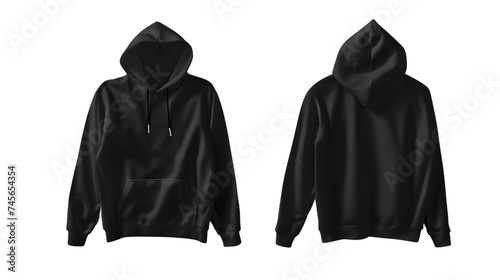 Plain black hoodie mockup seen from the front and back on a transparent white background