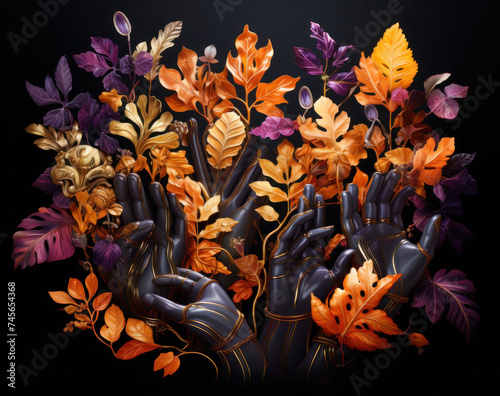 A blue-yellow pattern depicting hands and leaves on a black background, generative AI




