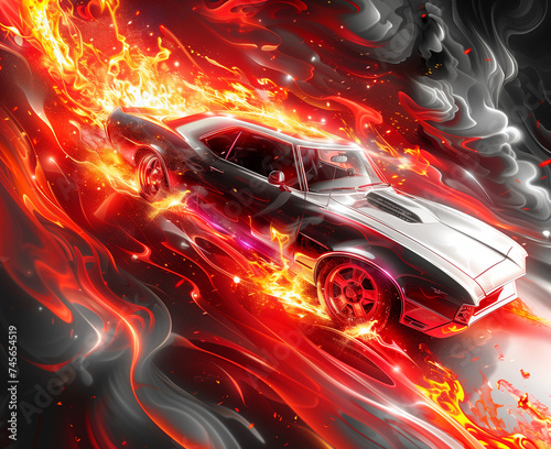 A 60s racing car at speed, fire background