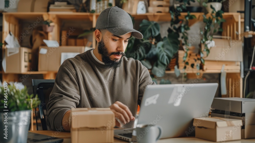 An online shop owner man is packing orders, he is an internet shop operator selling products through online shopping platform website. The concept of selling products on the internet. An online shop owner man is packing orders, he is an internet shop operator selling products through online shopping platform website. The concept of selling products on the internet.