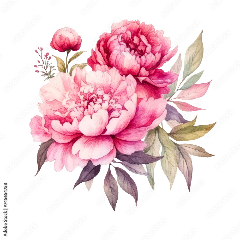 Obraz premium Watercolor flowers of Peony flower isolated on white background.