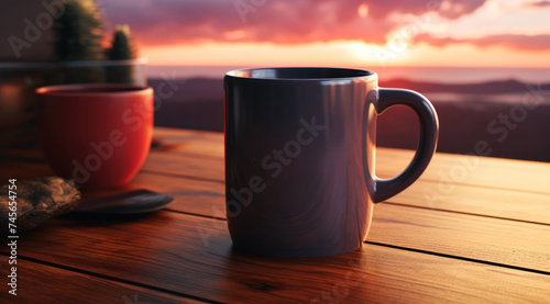 The black ceramic cup and the brown cup with a saucer are on the table against the backdrop of the sunset, generative AI