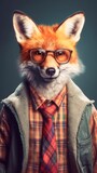 Portrait of a fox wearing glasses and a shirt, looking directly into the camera on a gray isolated background.
