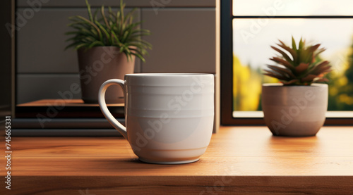 A white ceramic cup and two flower pots are on the wooden table, generative AI