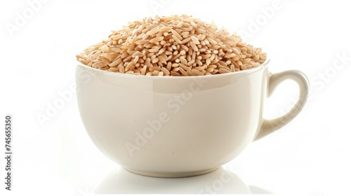 Brown rice in white cup isolated on white background.