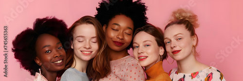Four women of different nationalities on a pink background
