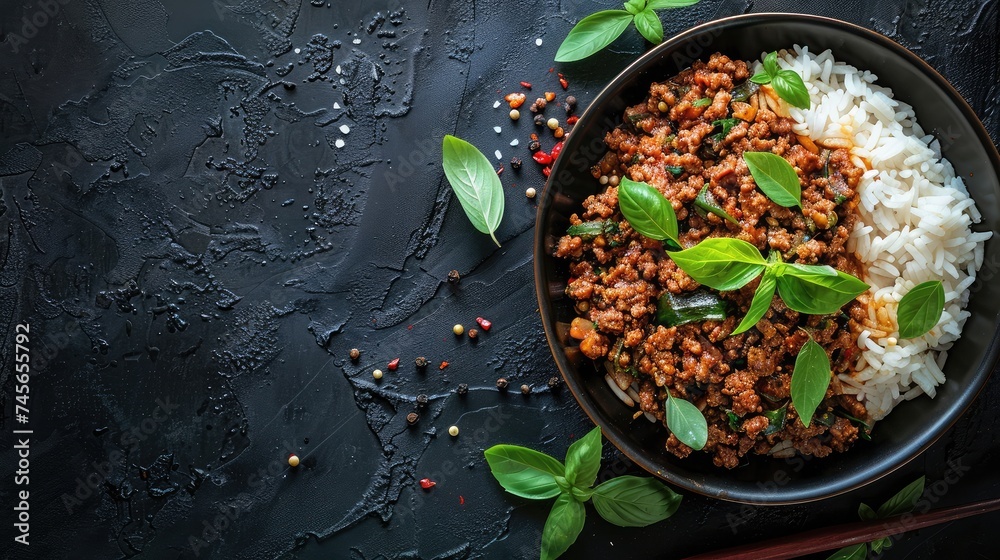 Cooked rice and Thai Basil Minced beef,Stir fired ground beef with garlic and basil leaf in chilli sauce (Pad Kra pao).Top view - obrazy, fototapety, plakaty 