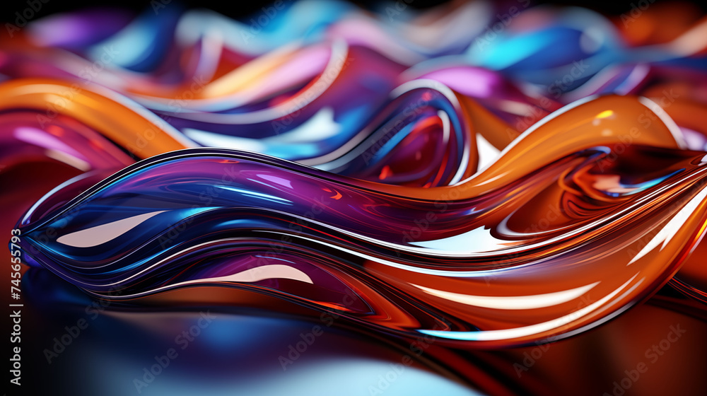 A mesmerizing 3D illustration of fluid waves flowing in an abstract pattern, rendered in vibrant orange, pink, and blue colors.