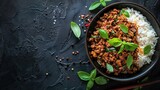 Cooked rice and Thai Basil Minced beef,Stir fired ground beef with garlic and basil leaf in chilli sauce (Pad Kra pao).Top view