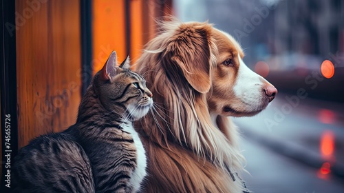 dog and cat friends looking to the window. Generative AI