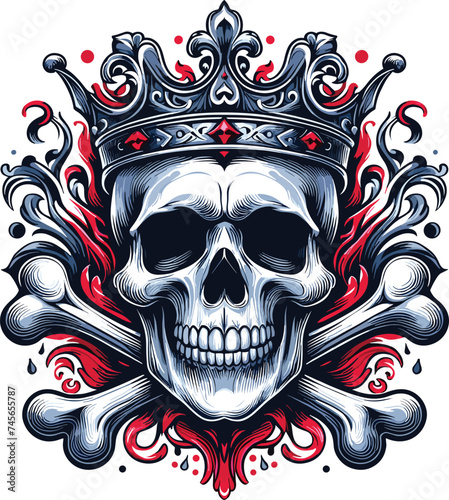 king crown on skull and crossbones, danger and power vector illustration