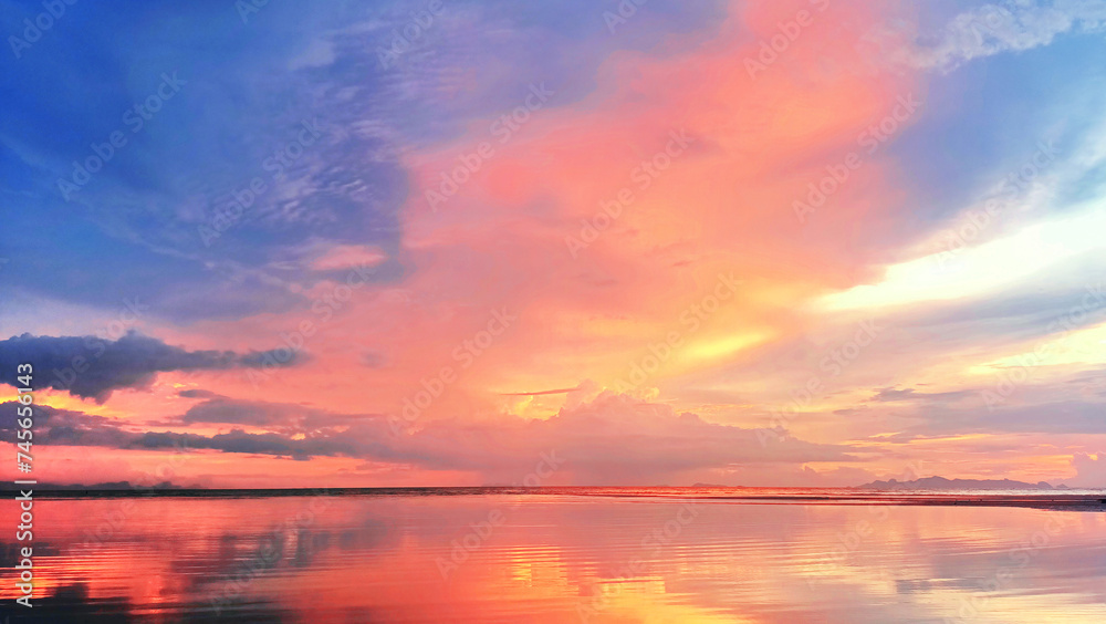 Sea sunset, ocean sunrise, tropical island beach nature landscape, soft red pink clouds, blue sky, golden sun glow reflection on water, beautiful quiet dawn seascape, summer holidays, vacation, travel