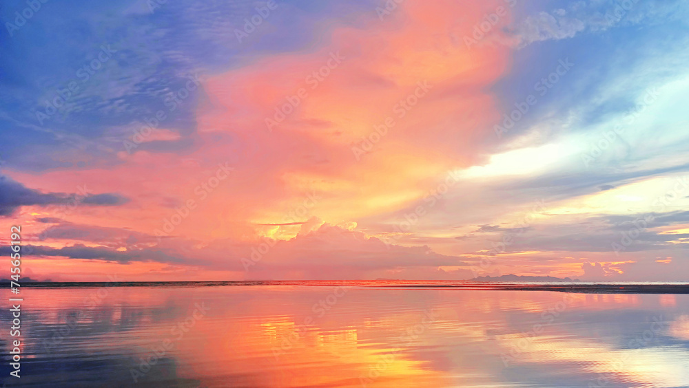 Sea sunset, ocean sunrise, tropical island beach nature landscape, soft red pink clouds, blue sky, golden sun glow reflection on water, beautiful quiet dawn seascape, summer holidays, vacation, travel