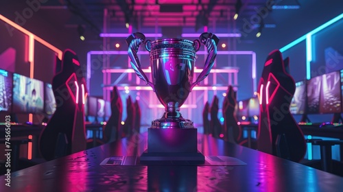 eSports Winner Trophy Standing on a Stage in the Middle of the Computer Video Games Championship Arena. Two Rows of PC for Competing Teams. Stylish Neon Lights with Cool Area Design. photo