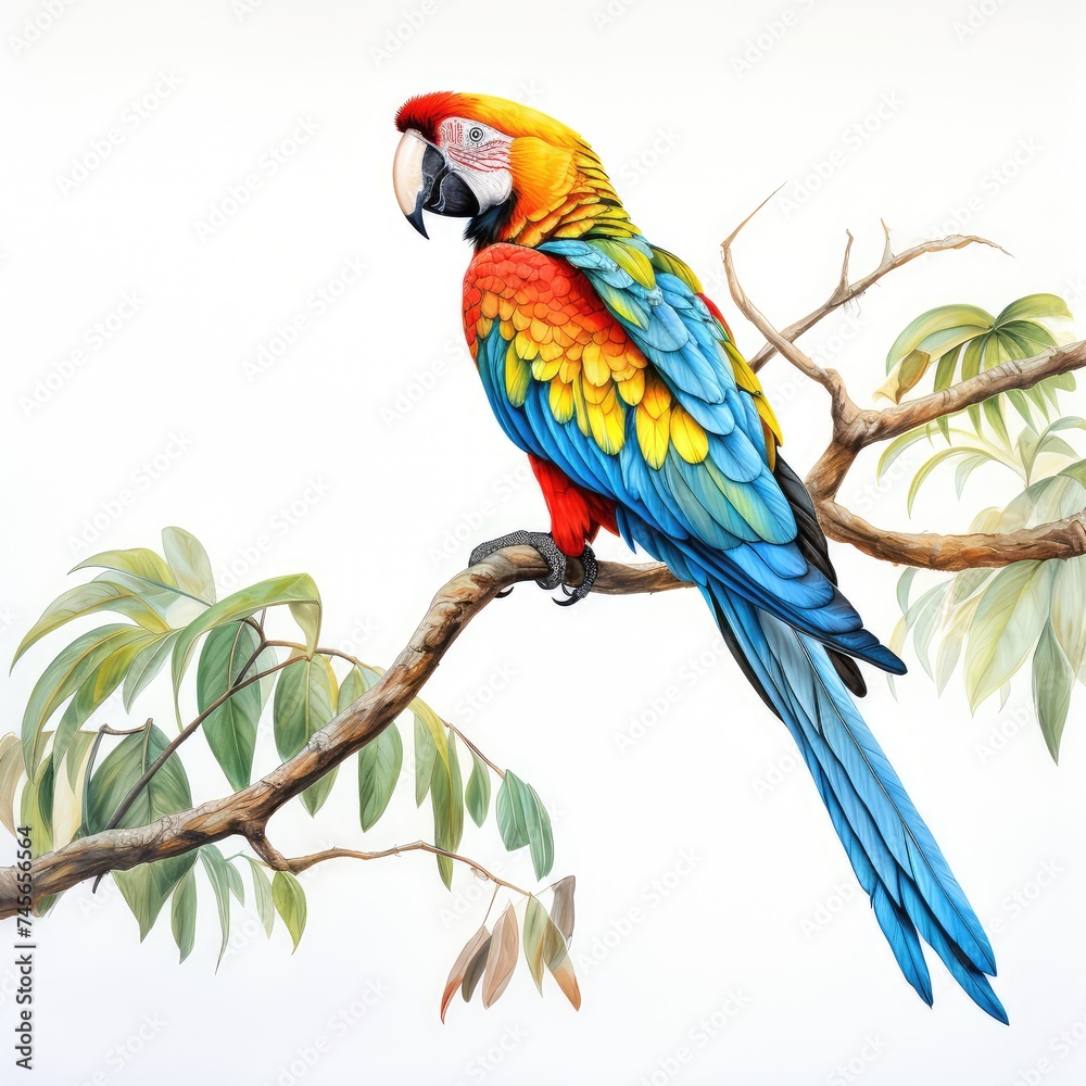 Fototapeta premium multi colored macaw perching on branch in tropical forest