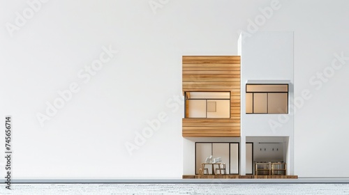 Modern house on wood tower block game white wall background copy space. Mortgage loan for buying home or real estate property, money risk management in financial, foreclosure and bankruptcy concept.