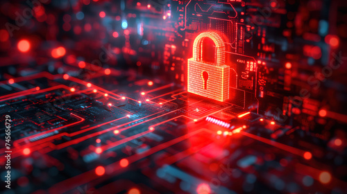 Digital lock cyber ​​security illustration, glowing, futuristic, internet data business and financial transaction protection,  cyber attack defense, user privacy data encryption AI