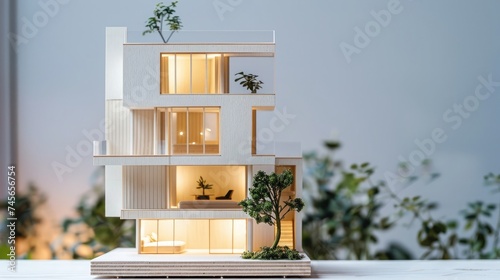 Modern house on wood tower block game white wall background copy space. Mortgage loan for buying home or real estate property, money risk management in financial, foreclosure and bankruptcy concept.