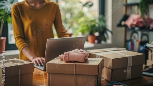 Online store selling clothes on website working on laptop ecommerce business from home. Woman packing new clothing fashion purchase in shipping packages for delivery. Panoramic banner. © buraratn