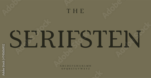Serif stencil alphabet, military serif letters, classic elegance font for army games, shirts lettering print, branding, headline, upscale publishing typography, bold title design. Vector typeset