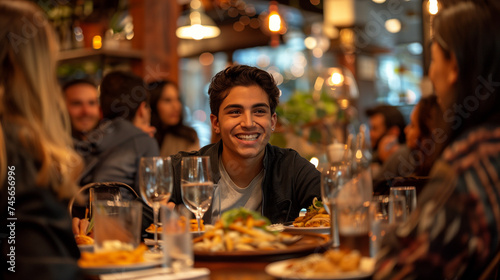 Young man smiling at table in a busy restaurant