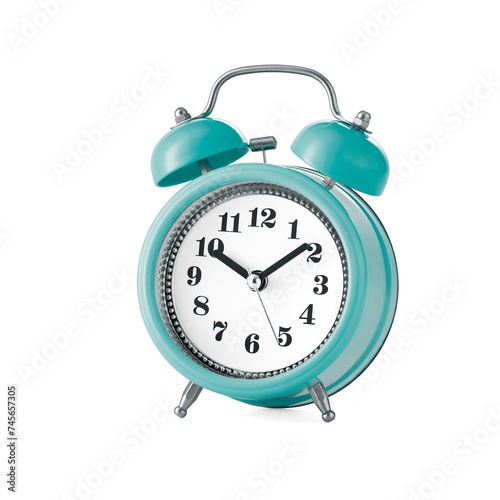 Alarm clock in vintage style isolated on white background. Low angle view.