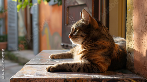 Tabby cat lie cozy sunbathing in front of the house's door. © sirins