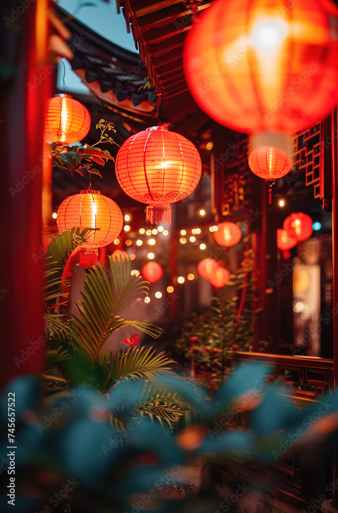 chinese lanterns at night, generative ai