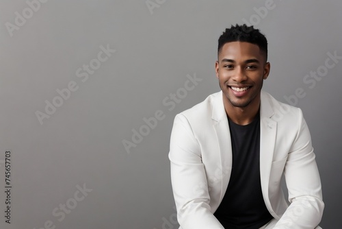 Handsome black man in a white suit is smiling and looking at the camera isolated on a grey background with copy space.