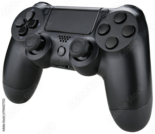 Black game controller isolated on a transparent background. Completely in focus. photo