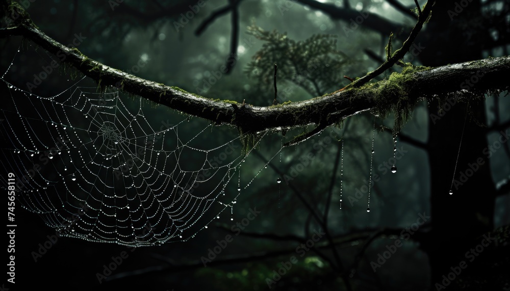 spider web on tree branch in the forest