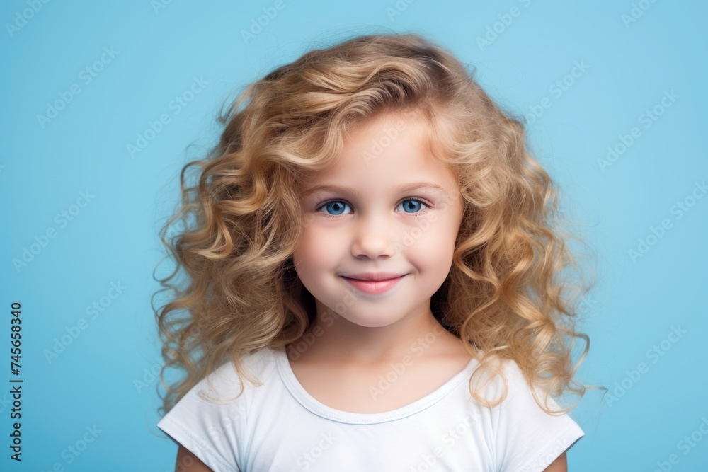 Close-up portrait of a cute little girl with blond curly hair on a blue background