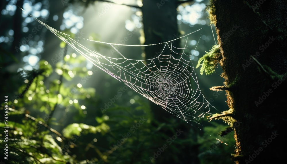spider web on tree branch in the forest