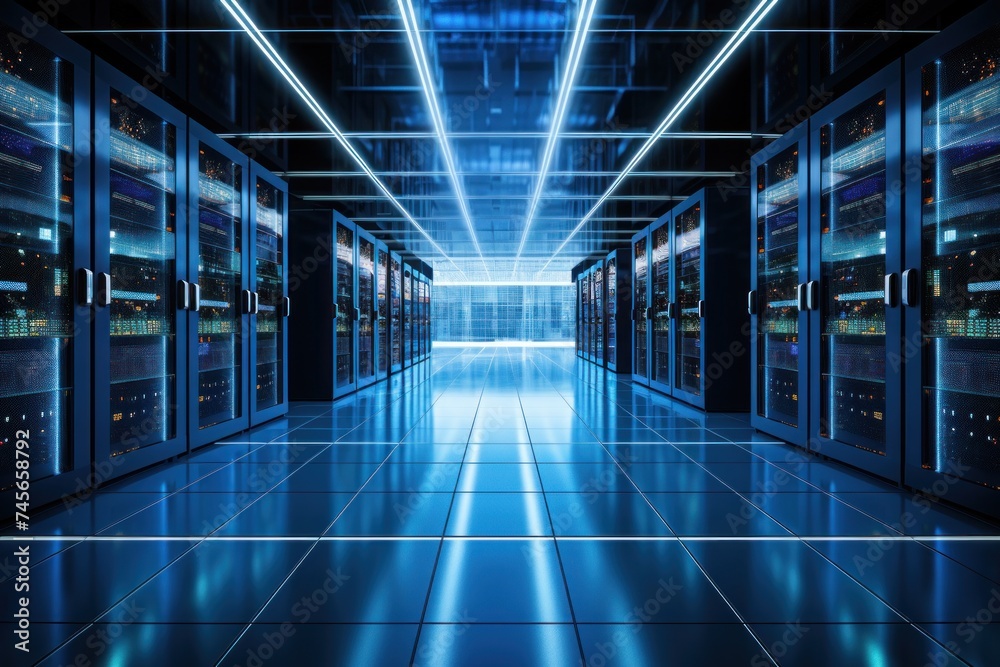 Fototapeta premium Futuristic server room with blue lighting and high-tech equipment