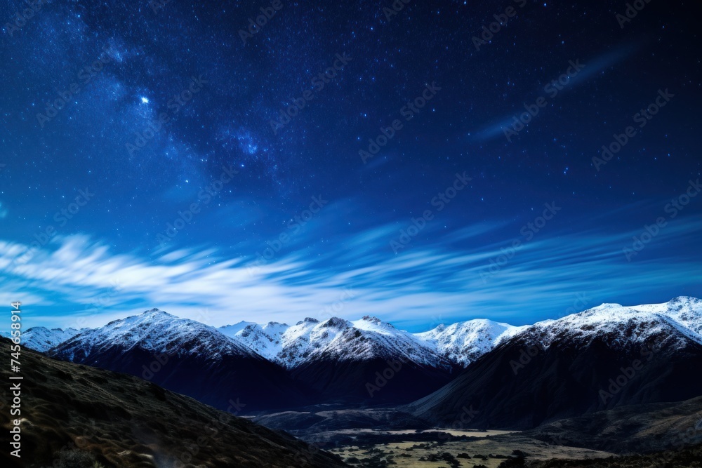 Starry night sky above mountains with visible Milky Way
