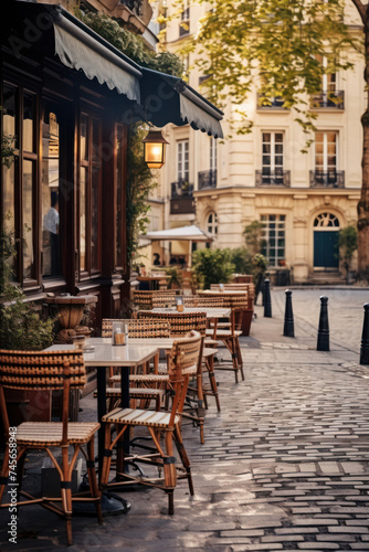 Empty cafe terrace on Parisian cobblestone street