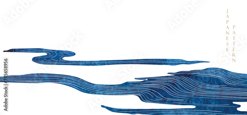 Blue brush stroke texture with Japanese ocean wave pattern in vintage style. Abstract art landscape banner design with watercolor texture vector. Hand drawn line