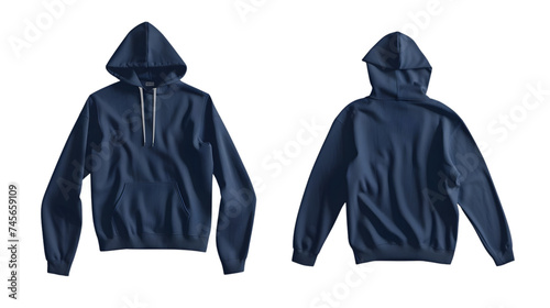 Front and back view of a dark blue hoodie mockup on a transparent white background