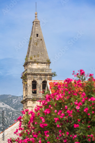 Church Bell tower and flowers, Perast, Montenegro