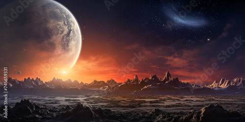 Alien landscape with majestic planets and sunrise over mountains