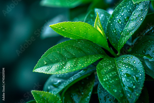 Close-up abstract of tea leaves with water droplets on them, in shades of green. #745659394