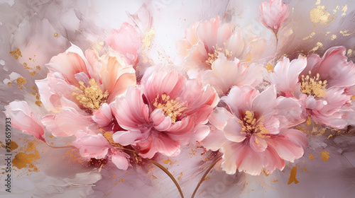 Watercolor pink gold flower abstract mural, peonies, tulips, rose, large delicate voluminous flowers, background, wallpaper, generative AI