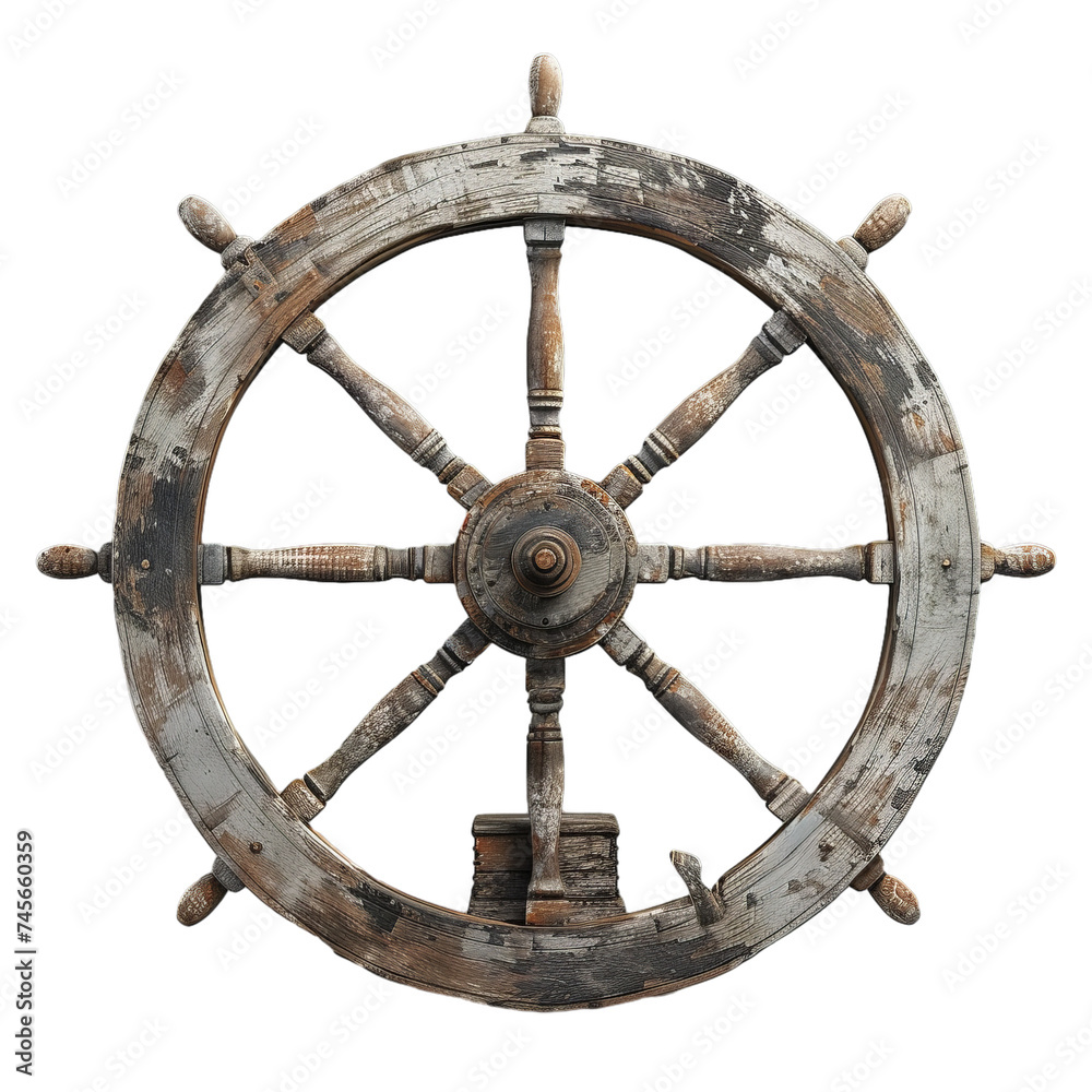 wooden ships wheel with cracked isolated on transparent background, png
