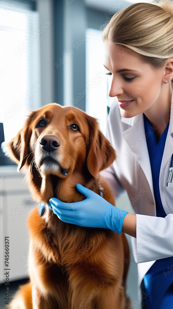 Female vet checking Labrador during routine checkup in veterinary clinic, pet health examination.