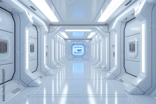Futuristic spaceship interior with white walls and windows 3d rendering